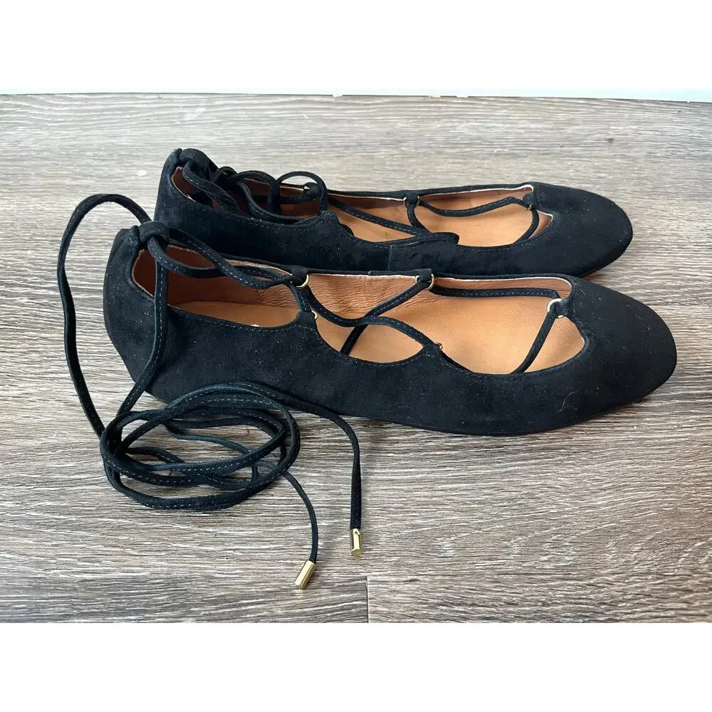 Madewell The Greta Lace-Up Ballet Flat in True Black Suede Size 9